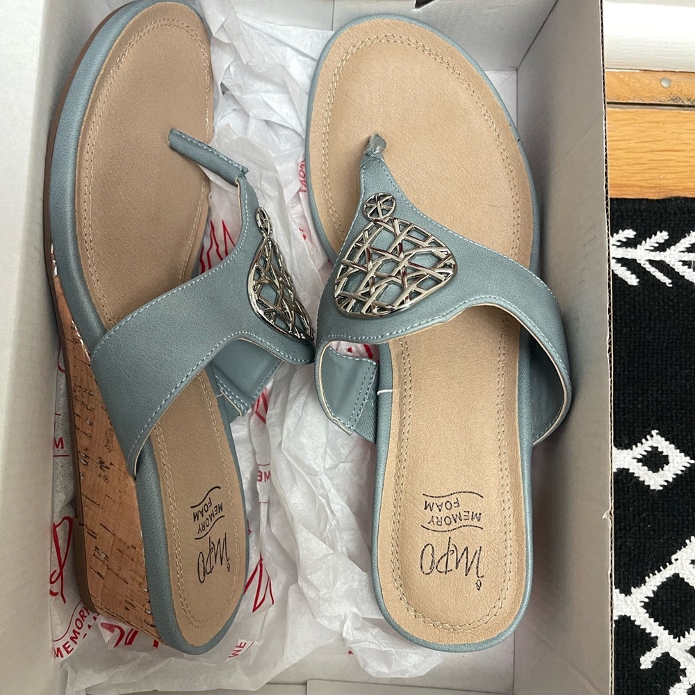 Impo Light Blue / Washed Denim Rosanna Wedge Sandals with Metal Medallion